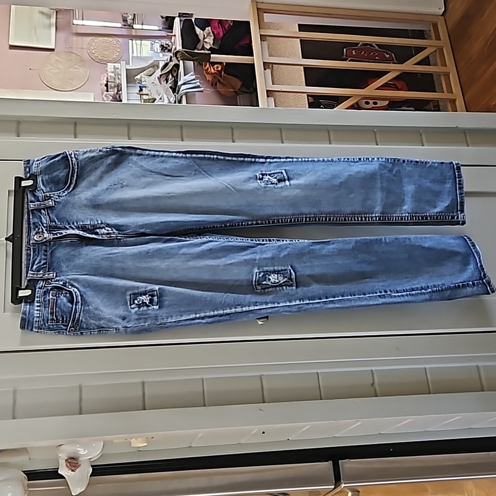 #095 CARRELI jeans distressed patched double stitched hem size w16.5 plus
